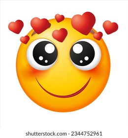 Vector emoji in love on white background Vector amorous emoji. Smiling yellow face with hearts. Happy. Cute emoticon
