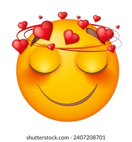 Emoji vector enamorado de fondo blanco. Emoji vectorial amoroso. Cara amarilla sonriente con corazones. Feliz. Emotóxico cutáneo