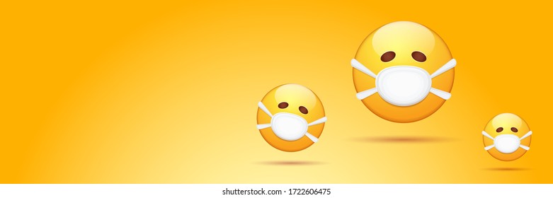 Vector Emoji nurse stickers set with mouth medical protection mask isolated on orange horizontal background. Yellow smile face character with white surgeon mask. Self isolation concept ilustration