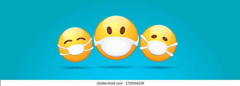 Vector Emoji Nurse Stickers Set With Mouth Medical Protection Mask Isolated On Blue Horizontal Background. Yellow Smile Face Character With White Surgeon Mask. Self Isolation Concept Ilustration