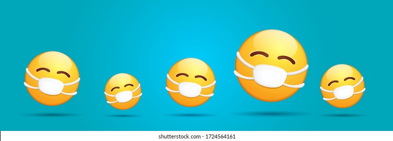 Vector Emoji Nurse Stickers Set With Mouth Medical Protection Mask Isolated On Blue Horizontal Background. Yellow Smile Face Character With White Surgeon Mask. Self Isolation Concept Ilustration