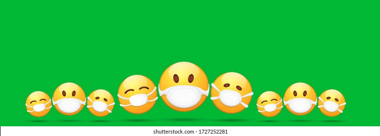 Vector Emoji nurse stickers set with mouth medical protection mask isolated on green horizontal background. Yellow smile face character with white surgeon mask. Self isolation concept ilustration