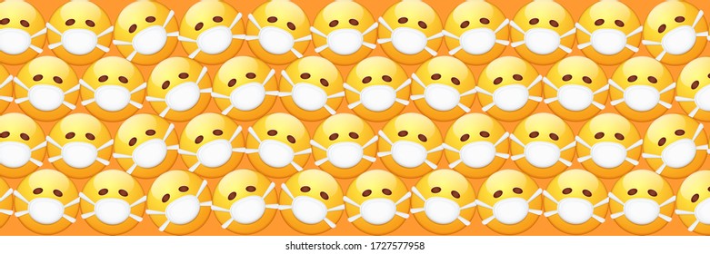 Vector Emoji nurse stickers set with mouth medical protection mask isolated on orange horizontal background. Yellow smile face character with white surgeon mask. Self isolation concept ilustration