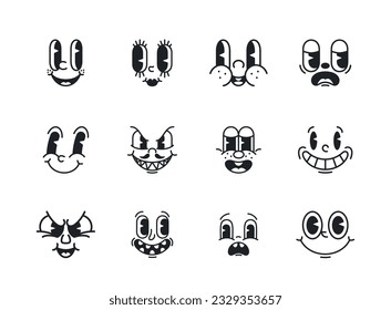 Juego de vectores Emoji. Animado Estilo De Cómic De Dibujos En Blanco Y Negro, Con Características Expresivas Y Exageradas