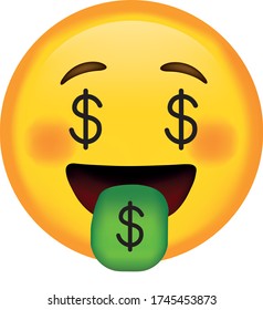 Vector emoji. Smiling dollar eye face. Smiling face. Smile vector emoji. Happy emoticon. Cute emoticon isolated on white background. Money icon. svg