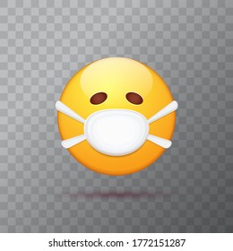 Vector Emoji sticker with mouth medical protection mask isolated on trasnparent background. Yellow smile face character with white surgeon mask. Self isolation concept ilustration or icon