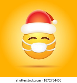 Vector Emoji sticker with mouth medical protection mask and santa claus red hat isolated on orange background. Yellow santa smile face character with Christmas hat and white surgeon mask.