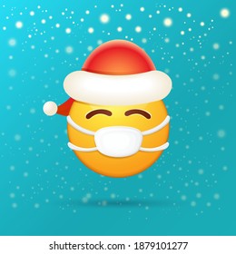 Vector Emoji sticker with mouth medical protection mask and santa claus red hat isolated on azure background with snow. Yellow santa smile face character with Christmas hat and white surgeon mask.