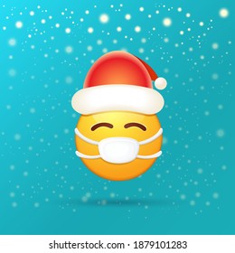 Vector Emoji sticker with mouth medical protection mask and santa claus red hat isolated on azure background with snow. Yellow santa smile face character with Christmas hat and white surgeon mask.