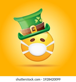 Vector Emoji sticker with mouth medical protection mask and saint Patricks green hat isolated on orange background. Yellow st. Patricks smile face character with hat and white surgeon mask.