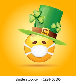 Vector Emoji sticker with mouth medical protection mask and saint Patricks green hat isolated on orange background. Yellow st. Patricks smile face character with hat and white surgeon mask.