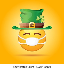 Vector Emoji sticker with mouth medical protection mask and saint Patricks green hat isolated on orange background. Yellow st. Patricks smile face character with hat and white surgeon mask.