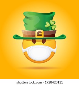 Vector Emoji sticker with mouth medical protection mask and saint Patricks green hat isolated on orange background. Yellow st. Patricks smile face character with hat and white surgeon mask.
