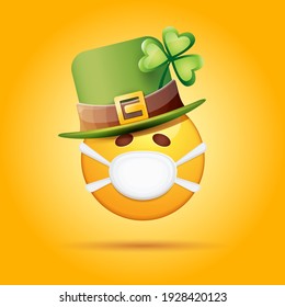 Vector Emoji sticker with mouth medical protection mask and saint Patricks green hat isolated on orange background. Yellow st. Patricks smile face character with hat and white surgeon mask.
