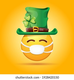 Vector Emoji sticker with mouth medical protection mask and saint Patricks green hat isolated on orange background. Yellow st. Patricks smile face character with hat and white surgeon mask.