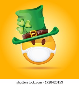 Vector Emoji sticker with mouth medical protection mask and saint Patricks green hat isolated on orange background. Yellow st. Patricks smile face character with hat and white surgeon mask.