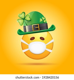 Vector Emoji sticker with mouth medical protection mask and saint Patricks green hat isolated on orange background. Yellow st. Patricks smile face character with hat and white surgeon mask.