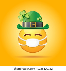 Vector Emoji sticker with mouth medical protection mask and saint Patricks green hat isolated on orange background. Yellow st. Patricks smile face character with hat and white surgeon mask.