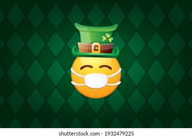 Vector Emoji sticker with mouth medical protection mask and saint Patricks green hat isolated on green horizontal background. Yellow st. Patricks smile face character with hat and white surgeon mask.