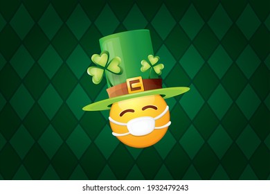 Vector Emoji sticker with mouth medical protection mask and saint Patricks green hat isolated on green horizontal background. Yellow st. Patricks smile face character with hat and white surgeon mask.