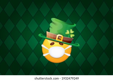 Vector Emoji sticker with mouth medical protection mask and saint Patricks green hat isolated on green horizontal background. Yellow st. Patricks smile face character with hat and white surgeon mask.