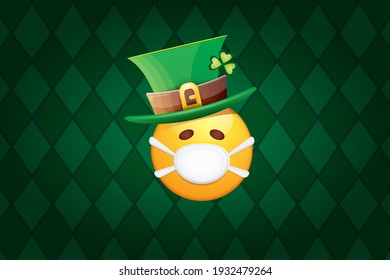 Vector Emoji sticker with mouth medical protection mask and saint Patricks green hat isolated on green horizontal background. Yellow st. Patricks smile face character with hat and white surgeon mask.