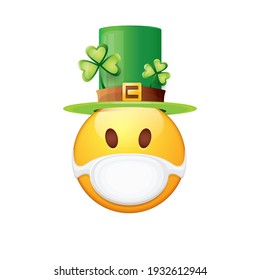 Vector Emoji sticker with mouth medical protection mask and saint Patricks green hat isolated on white background. Yellow st. Patricks smile face character with hat and surgeon mask.