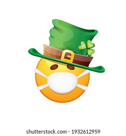 Vector Emoji sticker with mouth medical protection mask and saint Patricks green hat isolated on white background. Yellow st. Patricks smile face character with hat and surgeon mask.