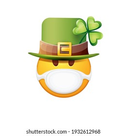 Vector Emoji sticker with mouth medical protection mask and saint Patricks green hat isolated on white background. Yellow st. Patricks smile face character with hat and surgeon mask.