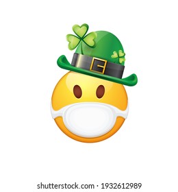 Vector Emoji sticker with mouth medical protection mask and saint Patricks green hat isolated on white background. Yellow st. Patricks smile face character with hat and surgeon mask.
