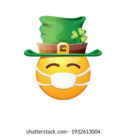 Vector Emoji sticker with mouth medical protection mask and saint Patricks green hat isolated on white background. Yellow st. Patricks smile face character with hat and surgeon mask.