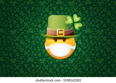 Vector Emoji sticker with mouth medical protection mask and saint Patricks green hat isolated on green horizontal background. Yellow st. Patricks smile face character with hat and white surgeon mask.