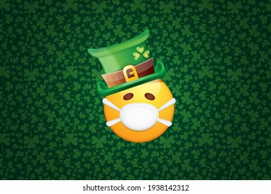 Vector Emoji sticker with mouth medical protection mask and saint Patricks green hat isolated on green horizontal background. Yellow st. Patricks smile face character with hat and white surgeon mask.