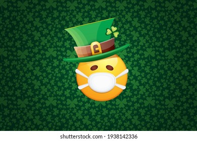 Vector Emoji sticker with mouth medical protection mask and saint Patricks green hat isolated on green horizontal background. Yellow st. Patricks smile face character with hat and white surgeon mask.