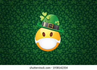 Vector Emoji sticker with mouth medical protection mask and saint Patricks green hat isolated on green horizontal background. Yellow st. Patricks smile face character with hat and white surgeon mask.