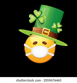 Vector Emoji sticker with mouth medical protection mask and saint Patricks green hat isolated on black background. Yellow st. Patrick's smile face character with hat and white surgeon mask.