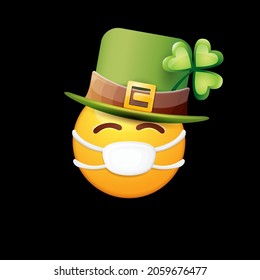 Vector Emoji sticker with mouth medical protection mask and saint Patricks green hat isolated on black background. Yellow st. Patrick's smile face character with hat and white surgeon mask.