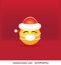 Vector Emoji sticker with mouth medical protection mask and santa claus red hat isolated on red background with snow. Yellow santa smile face character with Christmas hat and white surgeon mask.