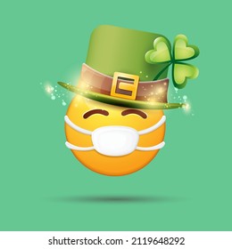 Vector Emoji sticker with mouth medical protection mask and saint Patricks green hat isolated on green background. Yellow st. Patrick's smile face character with hat and white surgeon mask.