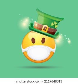 Vector Emoji sticker with mouth medical protection mask and saint Patricks green hat isolated on green background. Yellow st. Patrick's smile face character with hat and white surgeon mask.