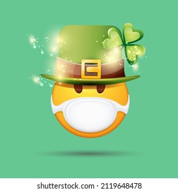 Vector Emoji sticker with mouth medical protection mask and saint Patricks green hat isolated on green background. Yellow st. Patrick's smile face character with hat and white surgeon mask.