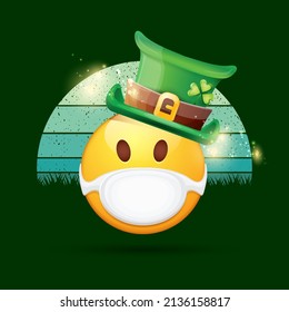 Vector Emoji sticker with mouth medical protection mask and saint Patricks green hat isolated on vintage background. Yellow st. Patrick's smile face character with hat and white surgeon mask.