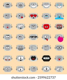 Vector emoji sticker set of AI Robot – 35 cartoon facial expressions, Artificial Intelligence, Stickers