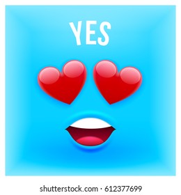 Vector Emoji Style Card with Text Yes for Valentines Day, Wedding, Dating, Summer Vacation and Other Romantic Events. Emoticon Style Banner Template on Blue Background.