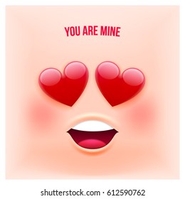Vector Emoji Style Card with Text Your Are Mine for Valentines Day, Wedding, Dating, Summer Vacation and Other Romantic Events. Emoticon Style Banner Template on Pink Background.