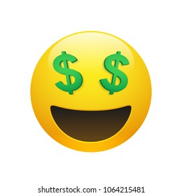 Vector Emoji yellow smiley face with dollar symbol eyes and mouth on white background. Funny cartoon Emoji icon. 3D illustration for chat or message.