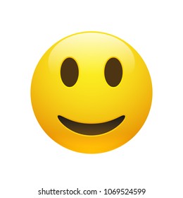 Vektor Emoji gelbes Smiley Gesicht mit Augen und Mund auf weißem Hintergrund. Hübscher Cartoon Emoji Ikone. 3D-Illustration für Chat oder Nachricht.