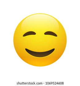 Vector Emoji yellow smiley face with closed eyes and mouth on white background. Funny cartoon Emoji icon. 3D illustration for chat or message.
