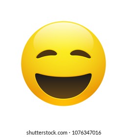 Vector Emoji yellow smiley face with closed eyes and mouth on white background. Funny cartoon Emoji icon. 3D illustration for chat or message.