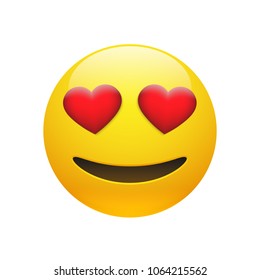 Vector Emoji Yellow Stupid Smiley Face With Red Heart Eyes And Mouth On White Background. Funny Cartoon Emoji Icon. 3D Illustration For Chat Or Message.